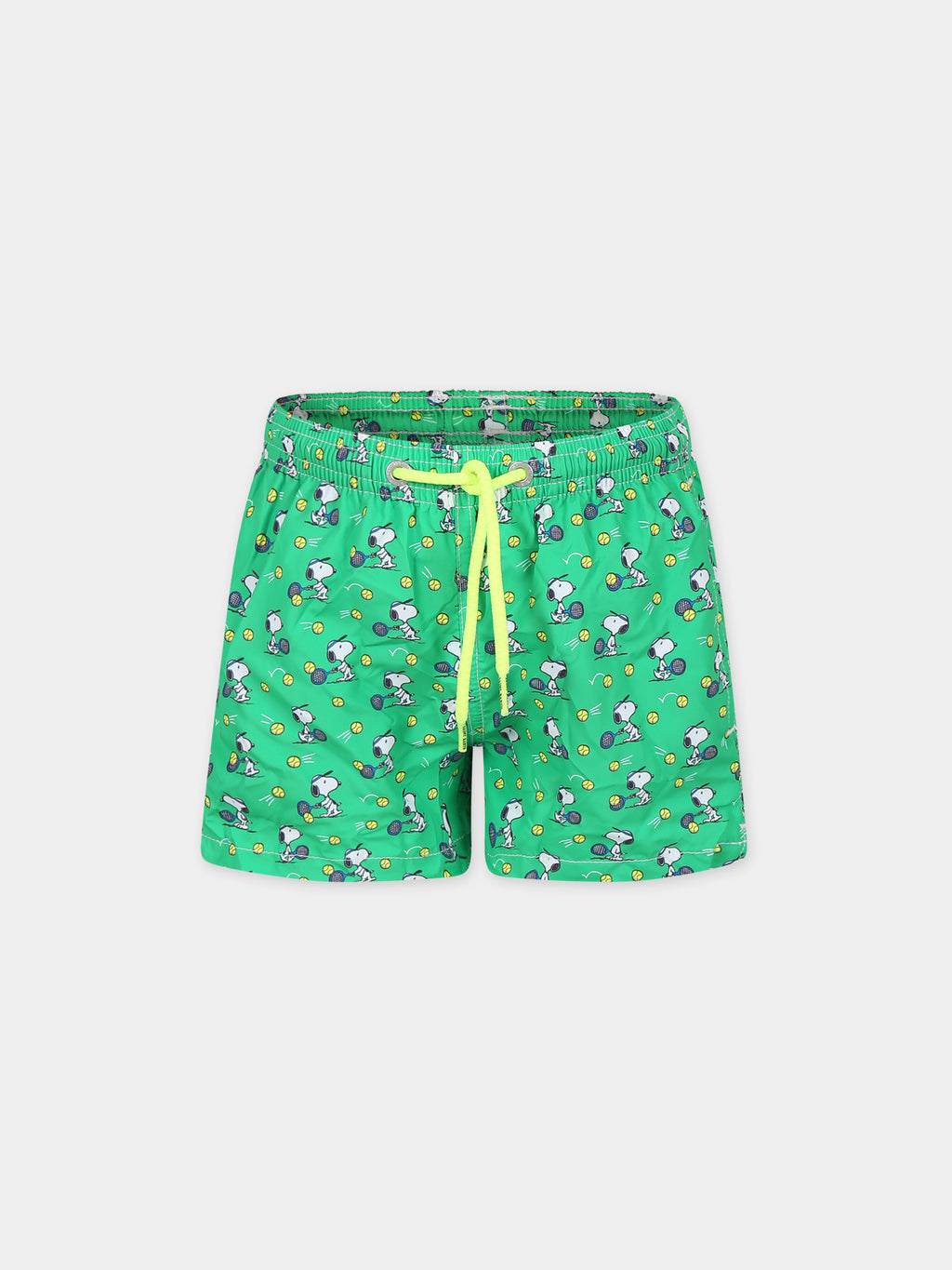 Green swim shorts for boy with Snoopy print